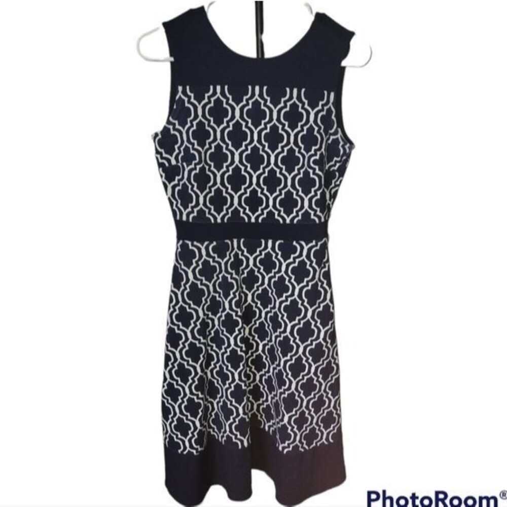 Land's End Dress Size 2 Navy Blue White Geometric Tile Print Wedding Guest Work